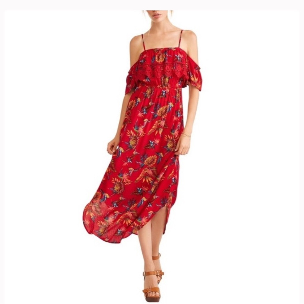 Red Maxi Dress Hummingbird Cold Shoulder Sundress Small resort wear vacation